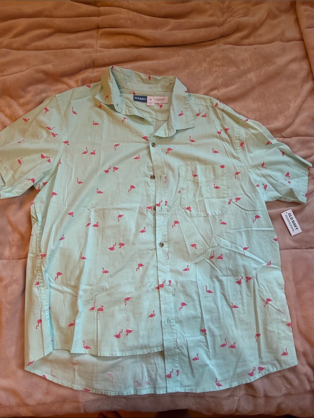 Old Navy Mint Green Short-Sleeve Button-Up Shirt with Pink Flamingo Print